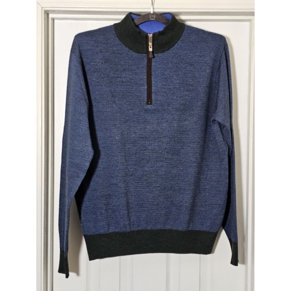 Peter Millar 100% Merino Wool Quarter Zip Sweater Large Pullover Striped Blue‎